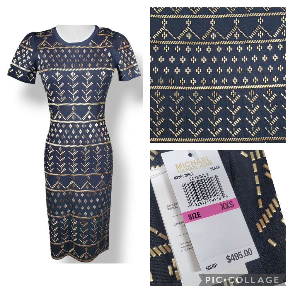 Michael Michael Kors Geometric Knit Dress Women XXS Bodycon‎ Black Metallic Gold